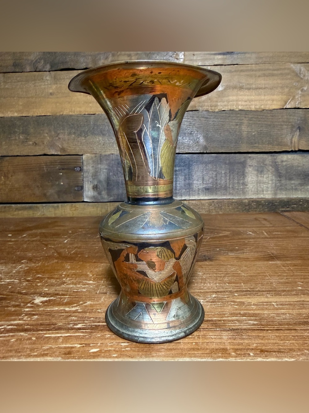 Vintage Egyptian Mixed Metal Brass & Copper Vase-Hand Engraved Pharaonic Design